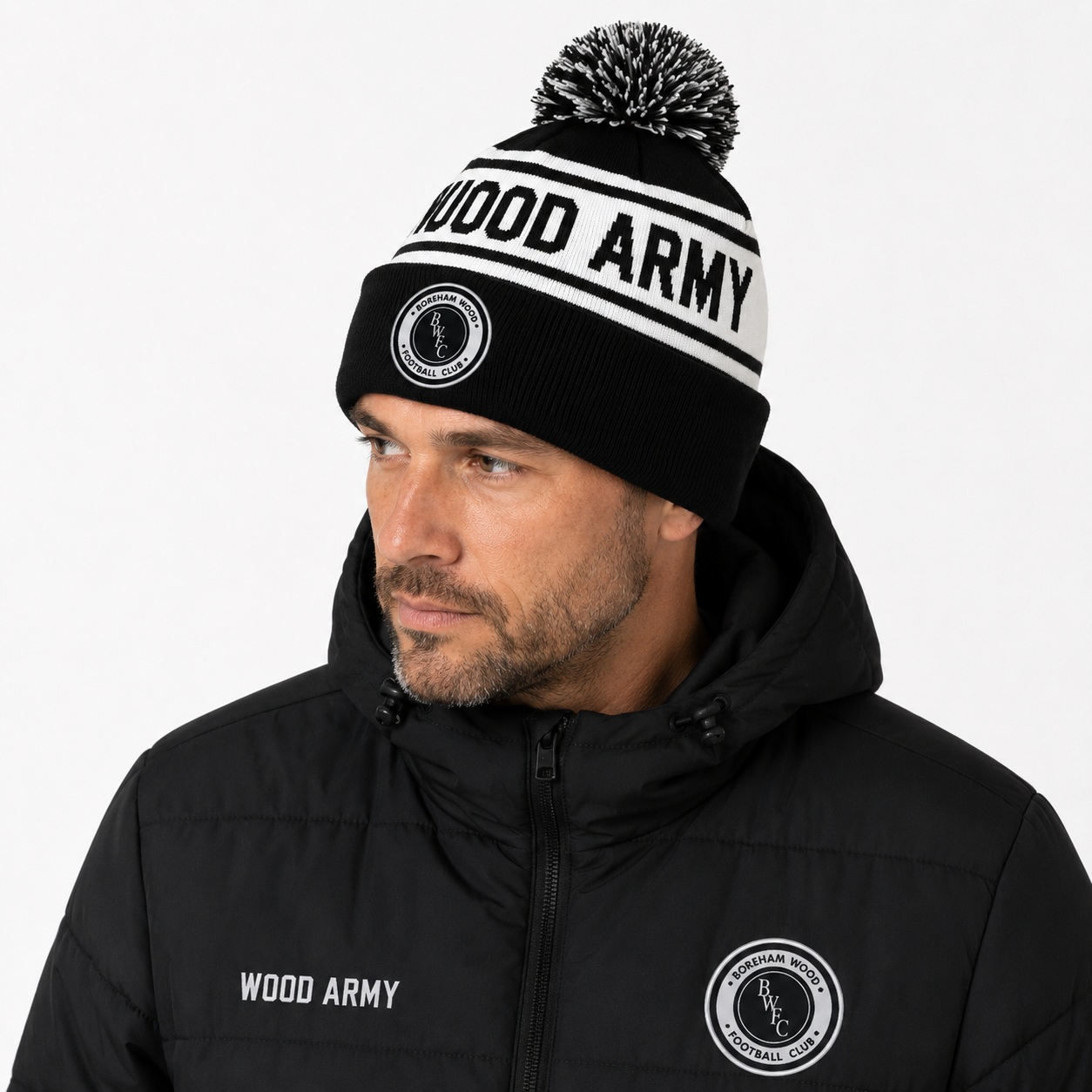 Official Boreham Wood FC Black & White Bobble Hat - Image 2