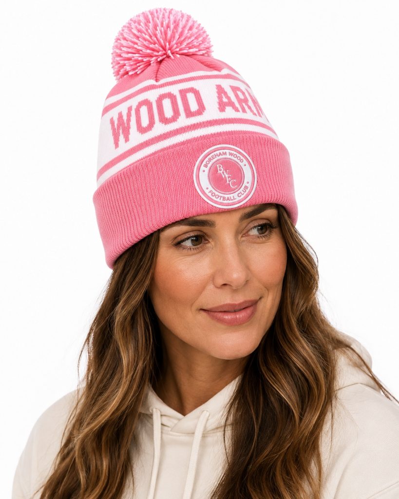 Official Boreham Wood FC Pink & White Bobble Hat